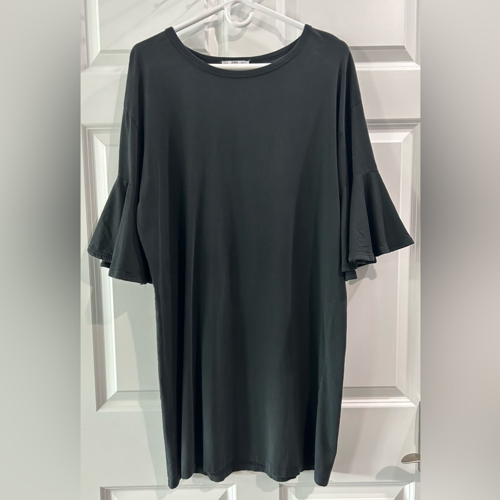Zara Black T-Shirt Shift Dress Skater Punk Grunge Ruffle Sleeve Knee Length Sz M